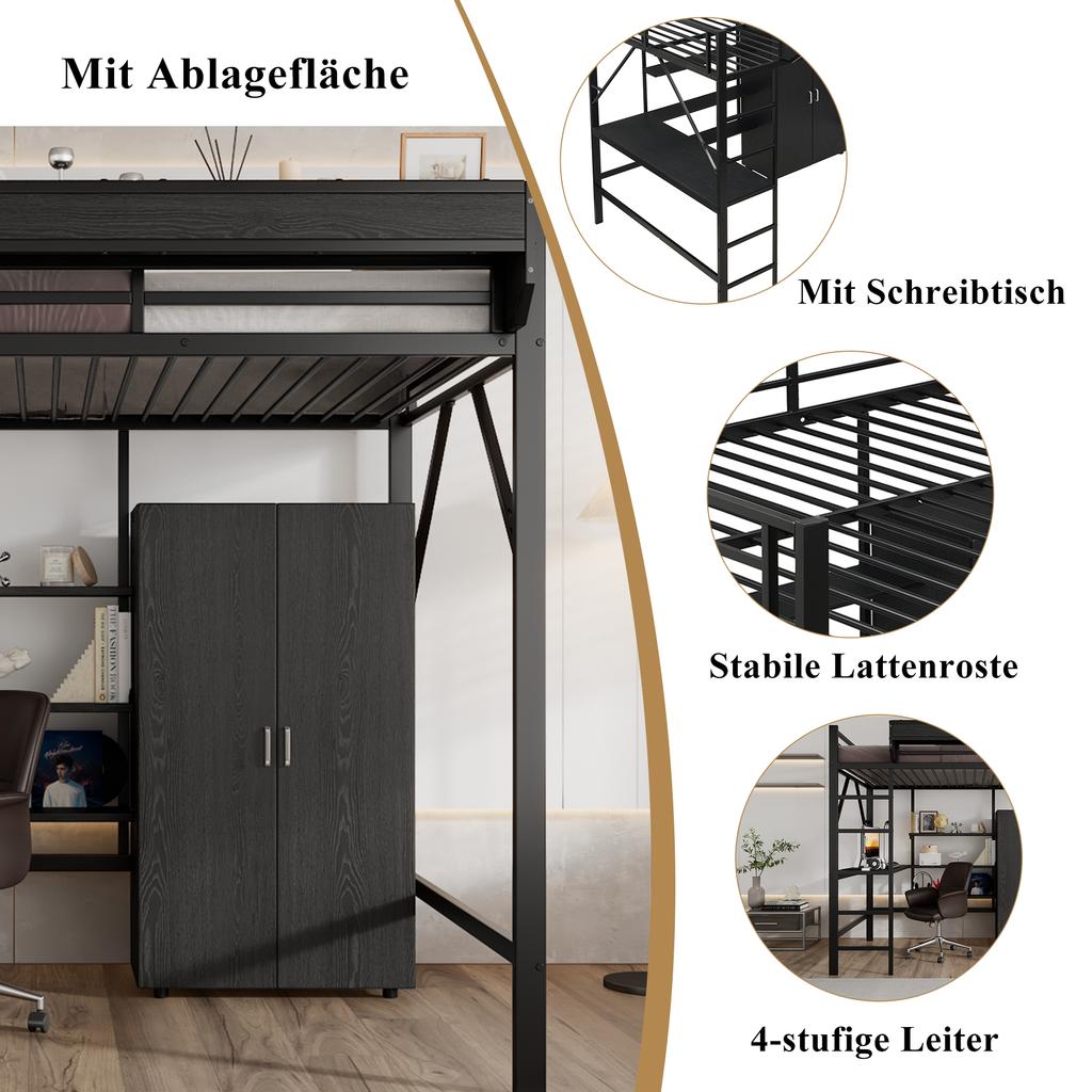 Letto in Ferro, Letto a Soppalco, Doppio Strato di Stoccaggio Sotto la Scrivania, Letto Superiore con Stoccaggio, Con Armadio, Ferro + MDF, Nero, 140x200cm