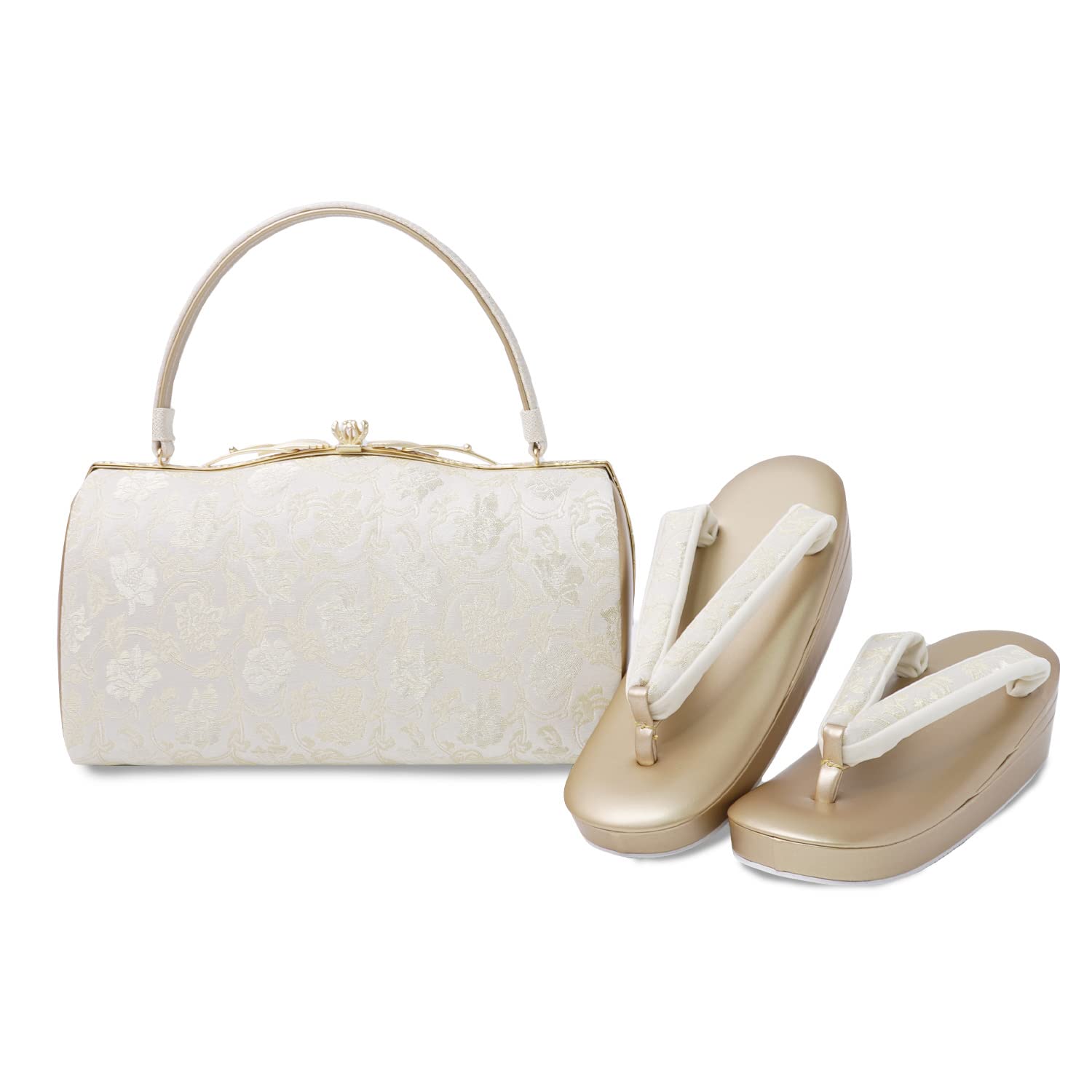 

Комплект сандалий и сумки для формального, сделано в Японии для женщин, легкий арабеск Арт оби не слишком сандалии и сумка Дзори для обоих фурисодэ и визита подходит примерно золотой