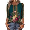 Trendy Vintage 3/4 Sleeve Top For Women,Ladies Casual Three Quarter Sleeve Round Collar Printed T-Shirt Blouse