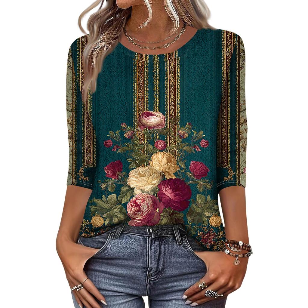 Trendy Vintage 3/4 Sleeve Top For Women,Ladies Casual Three Quarter Sleeve Round Collar Printed T-Shirt Blouse