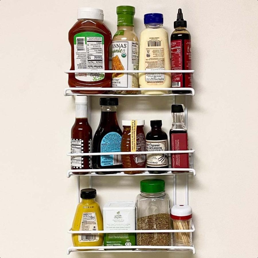 3Tier Spice Rack Wall or Cabinet DoorMounted Organizer Metal Storage for Small Spice Jars Holds Up to 18 Bottles White Coated S