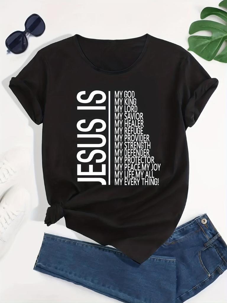 Women's Casual Sports Tee - "Jesus Is My Everything" Letter Print Loose Fit Polyester Round Neck Machine Washable