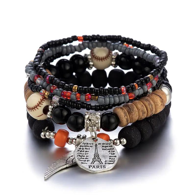 5Pcs Bohemian Colorful Rice Beads Bracelet Set For Women Eiffel Tower Wing Charm Elastic Bracelet Female Summer Vacation Jewelry