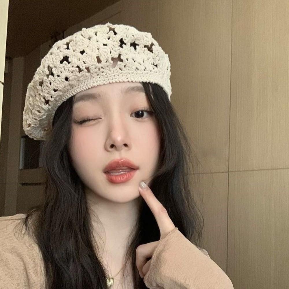 Japanese Style Hollowed Out Beret Breathable Crochet Knitted Cap Fashion Flower Hat  Party