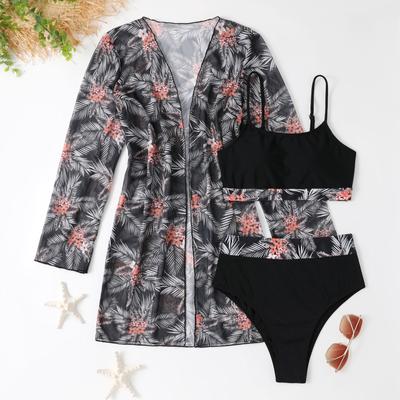 Women's Fashion Modest 3 Pieces Patchwork Swimwear Set Padded Top High Waisted Bottom Long Sleeves Cover-Up Swimsuit Floral Printed Bathing Suit