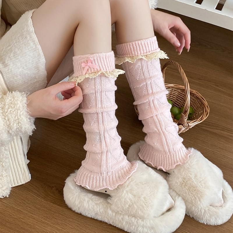 Women Fairycore Knitted Leg Warmers Calf Socks Japanese Sweet Bowknot Ruffled Lace Trim Leg Covers Boot Cuffs Stockings