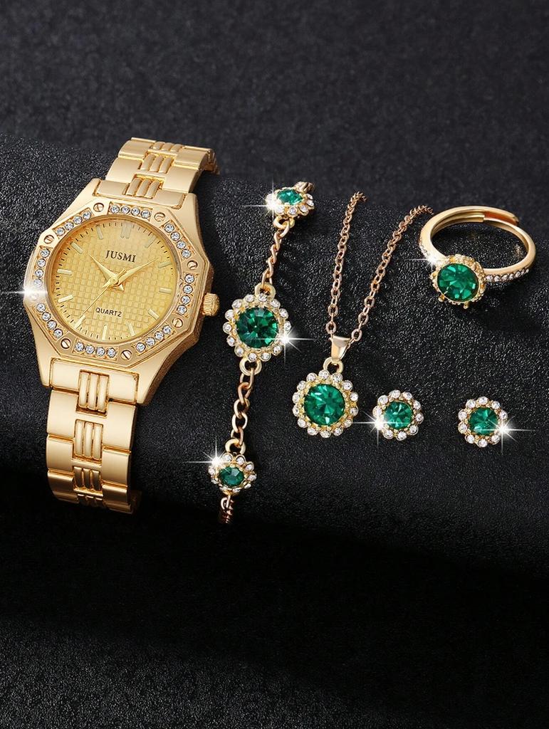 Vintage socialite style emerald gemstone watch six-piece gold watch necklace bracelet ring earrings set, suitable for dating, bi