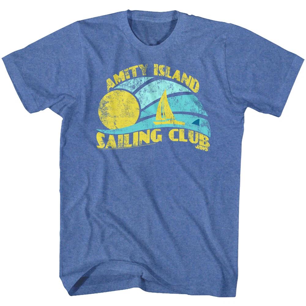 Jaws 70 s Thriller Movie Amity Island Sailing Club Sunshine Waves Men s T Shirt S
