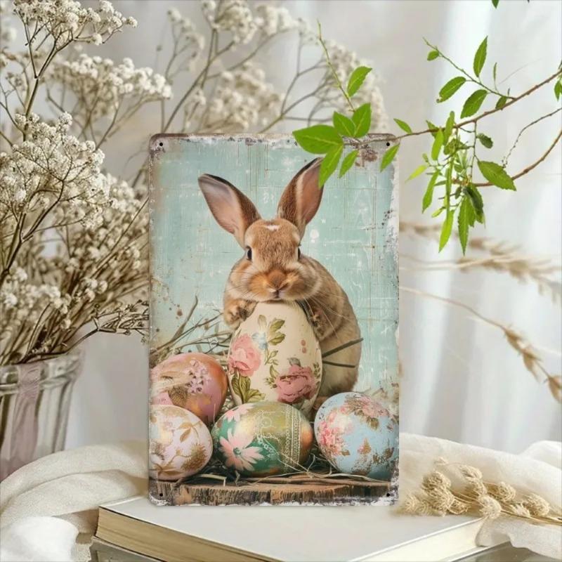 Vintage Easter Bunny Floral Eggs Metal Tin Sign Rustic Wall Art Home Decor