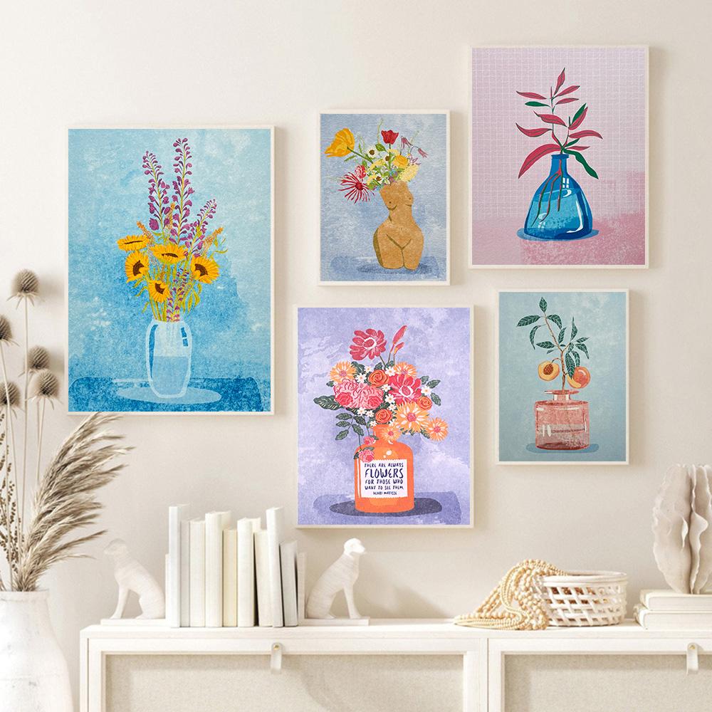 Abstract Flower Sunflower Wildflower Art Poster Print Retro Raissa Oltmanns Nude Sculpture Vase Canvas Painting Room Home Decor