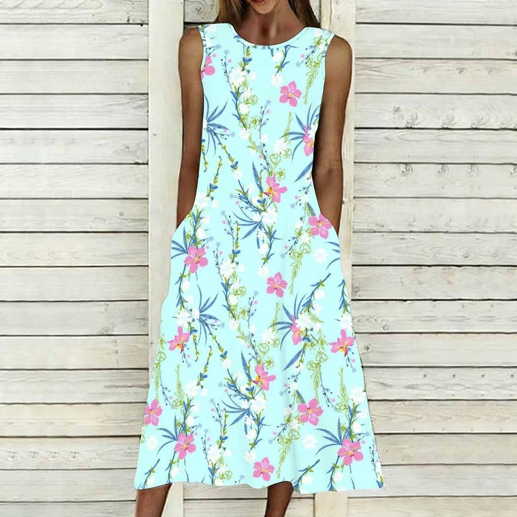 Plus Size Women Sleeveless Round Neck Dress Romantic Floral Printed Flowy Calf Length Gown