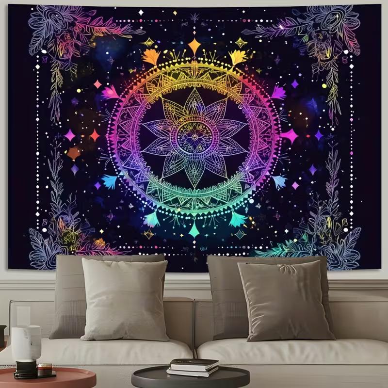 2D UV Glow Mandala Tapestry, Rainbow Boho Floral Wall Hanging for Party