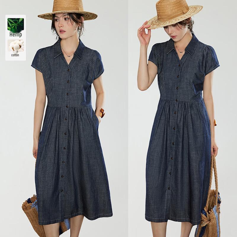Mist Trail Old Money Style Hemp-Cotton Denim Dress L