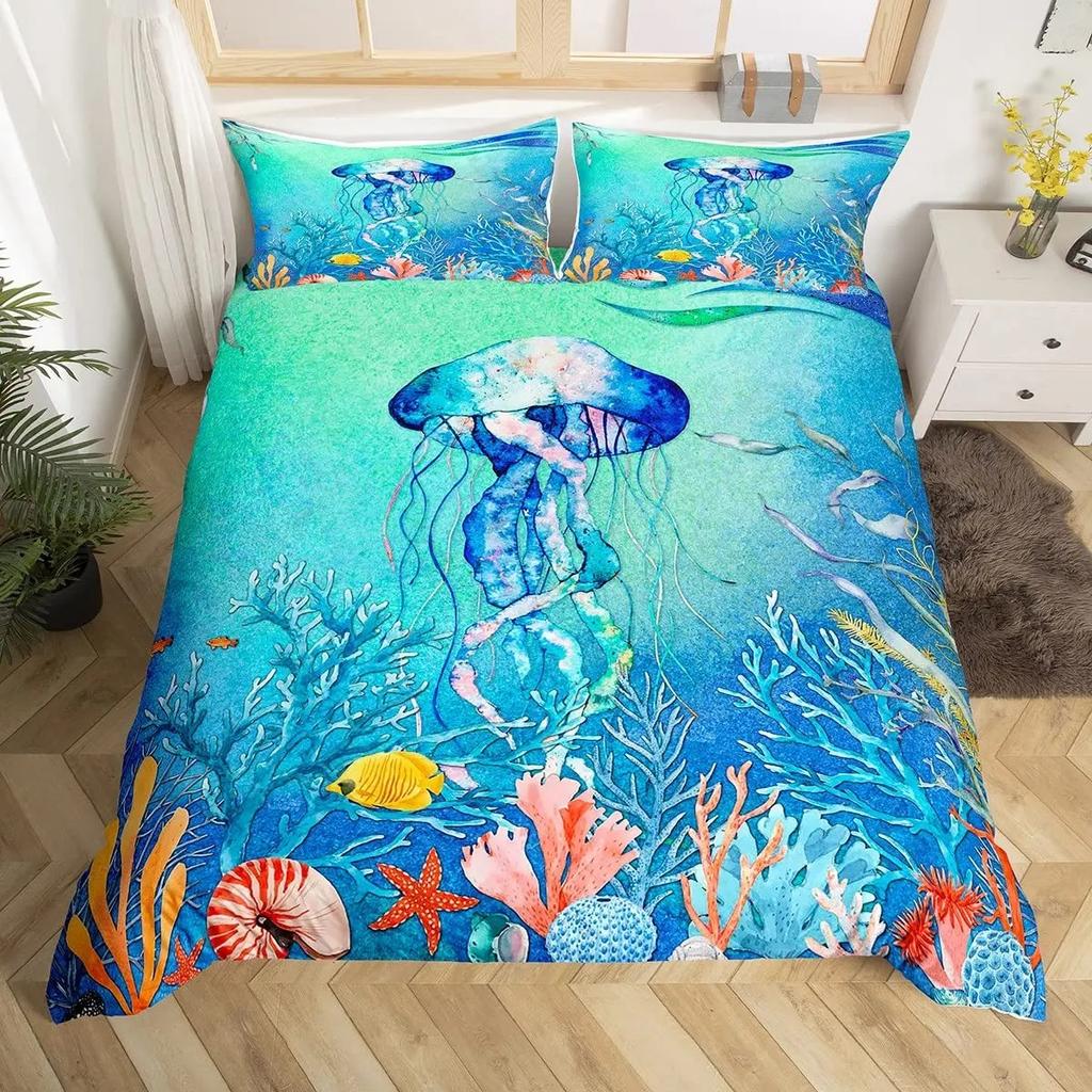 3D Octopus Sea Turtle Duvet Cover Retro Sailboat Crab Reptile Bedding Set Marine Mediterranean Style Jellyfish Comforter Cover