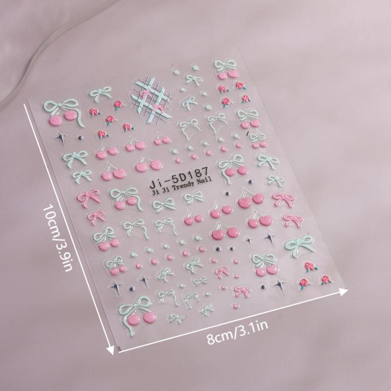 5D Bow Nail Sticker 3D Relief Cherry Bowknot Flower Summer Personalized Nail Back Adhesive Sticker Diy Nail Decoration Materials