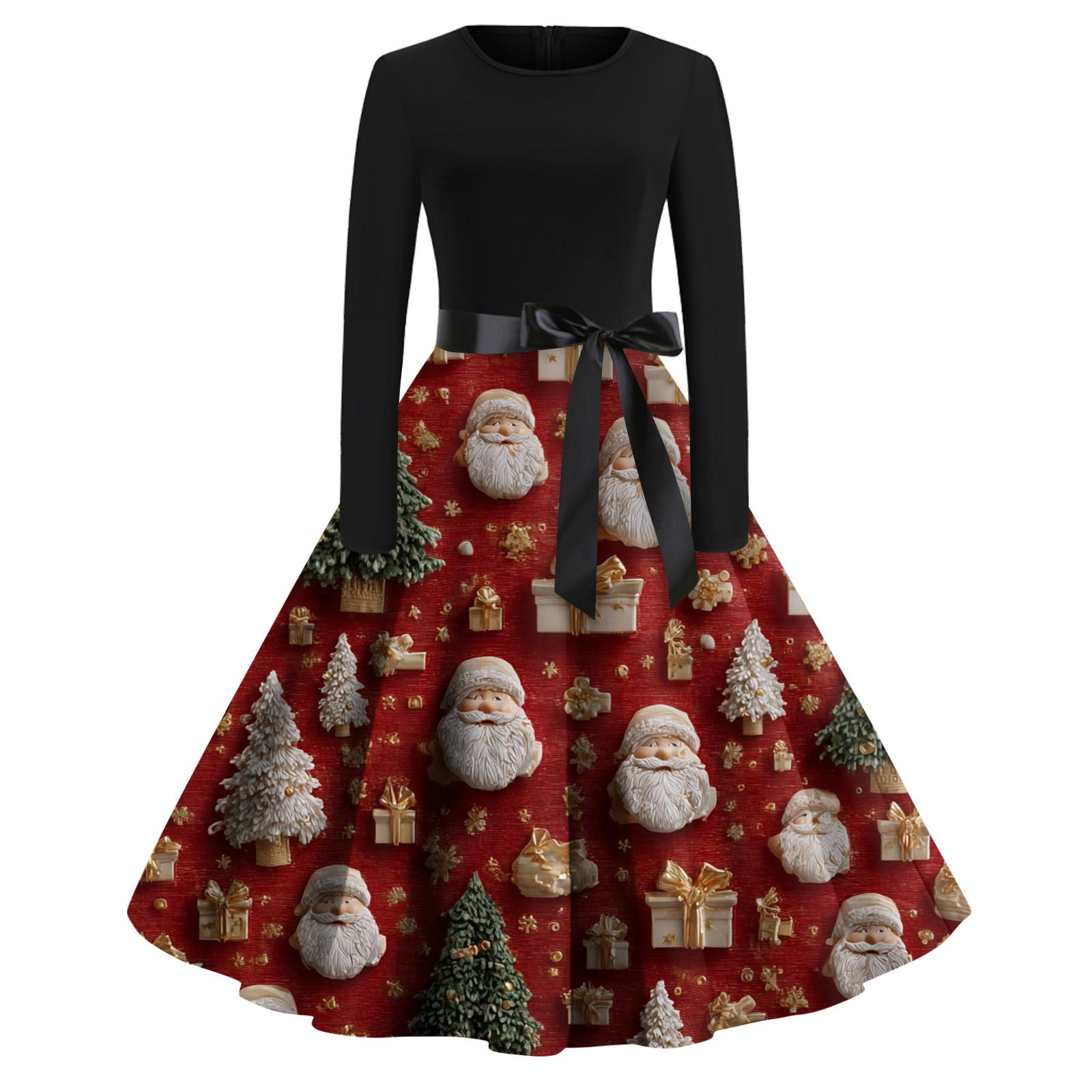 

Женское модное повседневное платье с круглым вырезом, рождественским принтом и длинными рукавами L