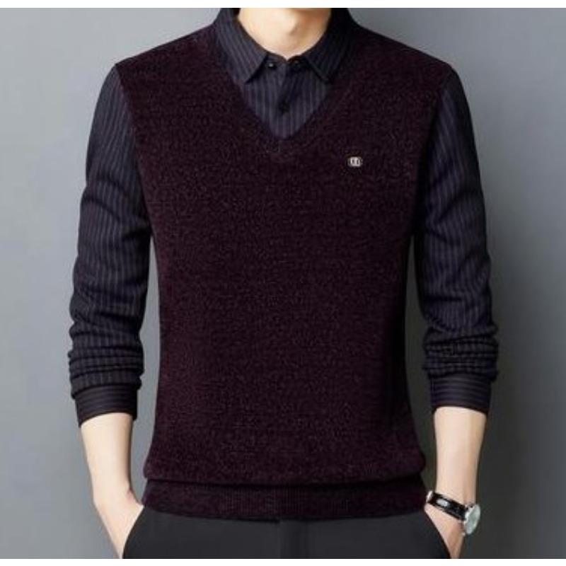Spring and Autumn Sweater Men's Fake Two-Piece Knitted Sweaters Fashion Casual Leading Men's Business Bottoming Shirt Men