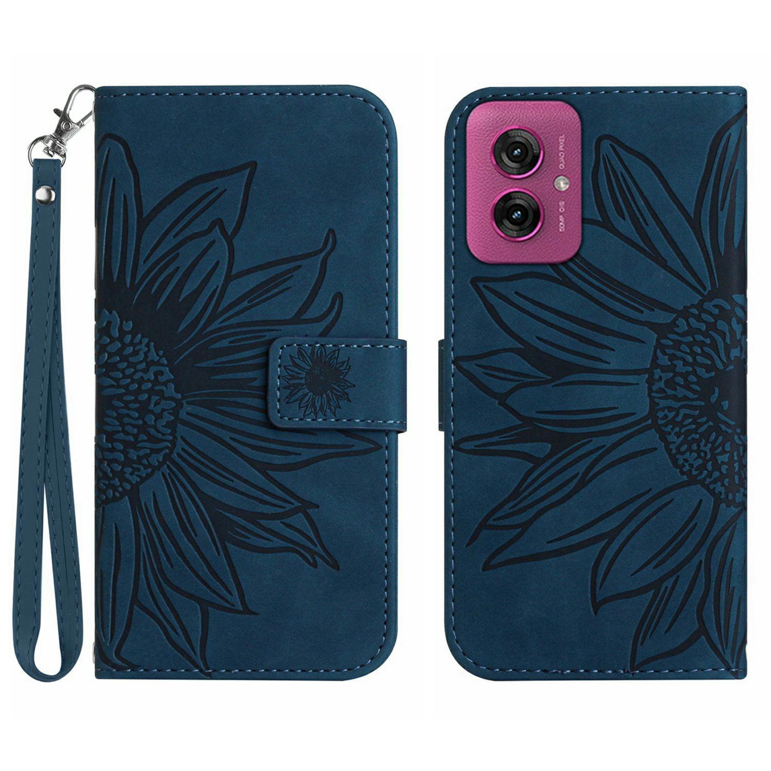 

HT04 For Motorola Moto G55 5G Case Sunflower Imprint Leather Wallet Phone Cover with Wrist Strap Dark Blue