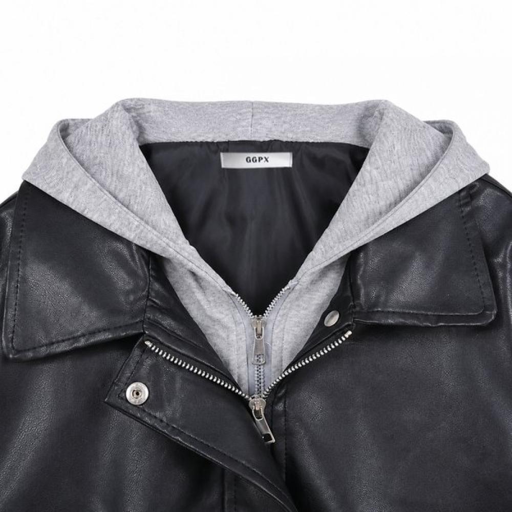 Ggpx New York Men S Gray Hooded Color Block Leather Jumper Gq8jp014f