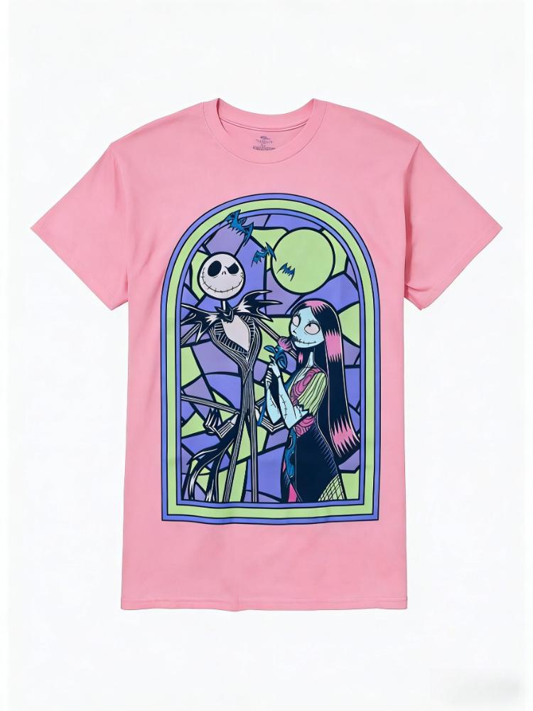 2026 Nightmare Before Christmas Jack Sally Stained Glass Print Womens TShirt Easy Fashion Plus Size Short Sleeve