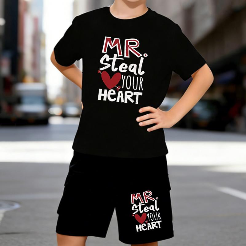 

Boys 2 Piece Sweet Confession Printed Outfit, Short Sleeve T-Shirt and Shorts Set for Kids Age 5-14,white,Black Sporty Casual Summer Clothes 5-6 Years чёрный