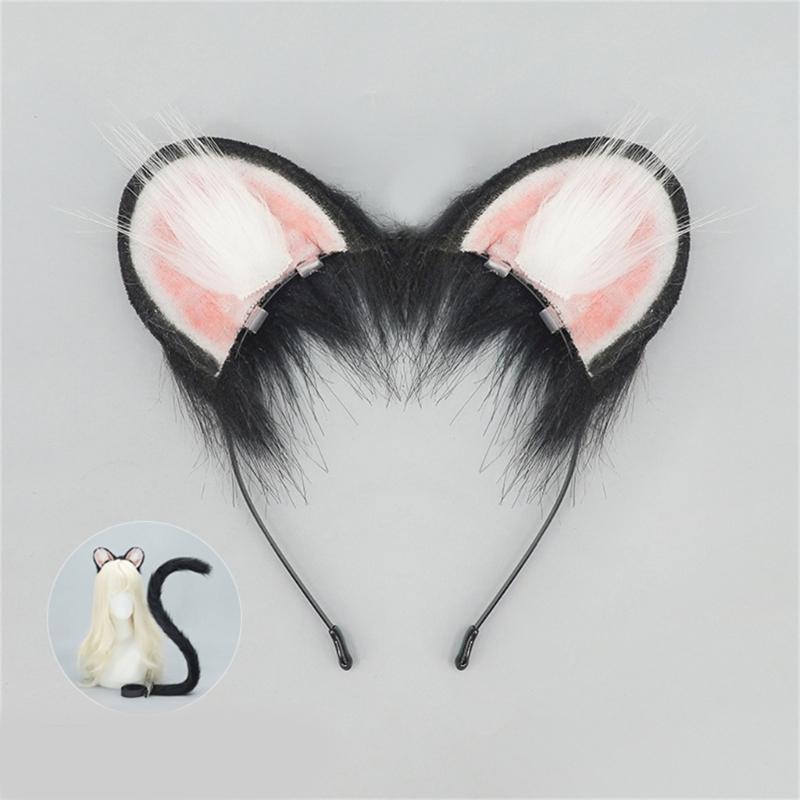 Mouse Costume Accessories Faux Furs Foxes Tail and Ears Headband Set Animal Halloween Cosplay Costume for Women Men