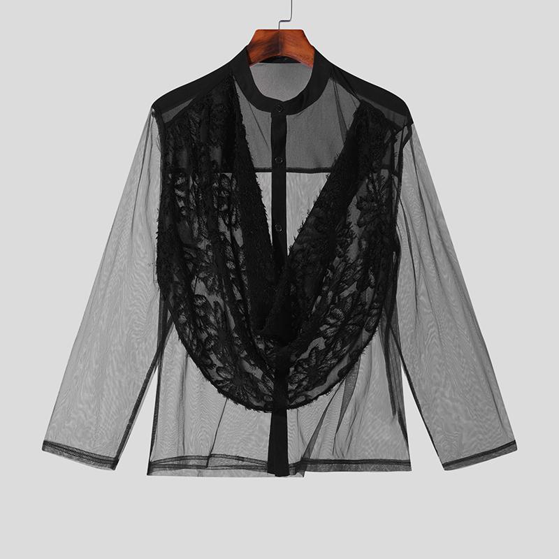 

INCERUN Мужская шаль с длинным рукавом и прозрачной сеткой, прозрачные рубашки 3XL чёрный