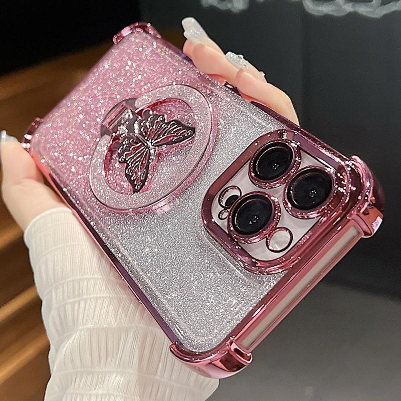 Glitter Butterfly Stand Phone Case for iPhone 17 Air 16 15 14 13 12 11 Pro Max 15 16 Plus Samsung S25 S24 23 S22 S21 Ultra Plus FE A17 A56 A36