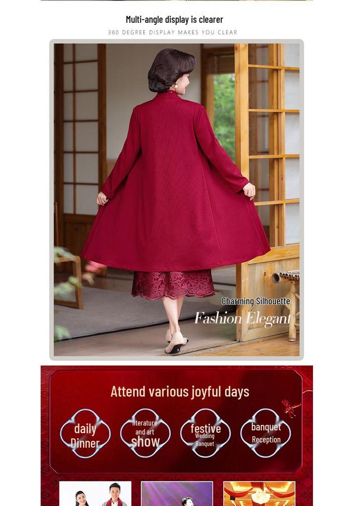 Elegant Midi-Length Two-Piece Cheongsam Dress for Mothers-in-Law - Spring/Autumn Style
