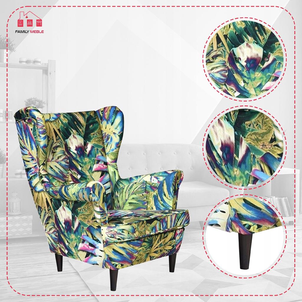 Wingback Armchair ARI PRINT Scandinavian Family Furniture Monstera Green Leaves