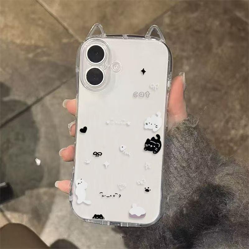 

Trendy Cartoon Cat Ears & Fish Bone Phone Case for iPhone 12, 11, 13, 15, 17 Pro Max iPhone 16