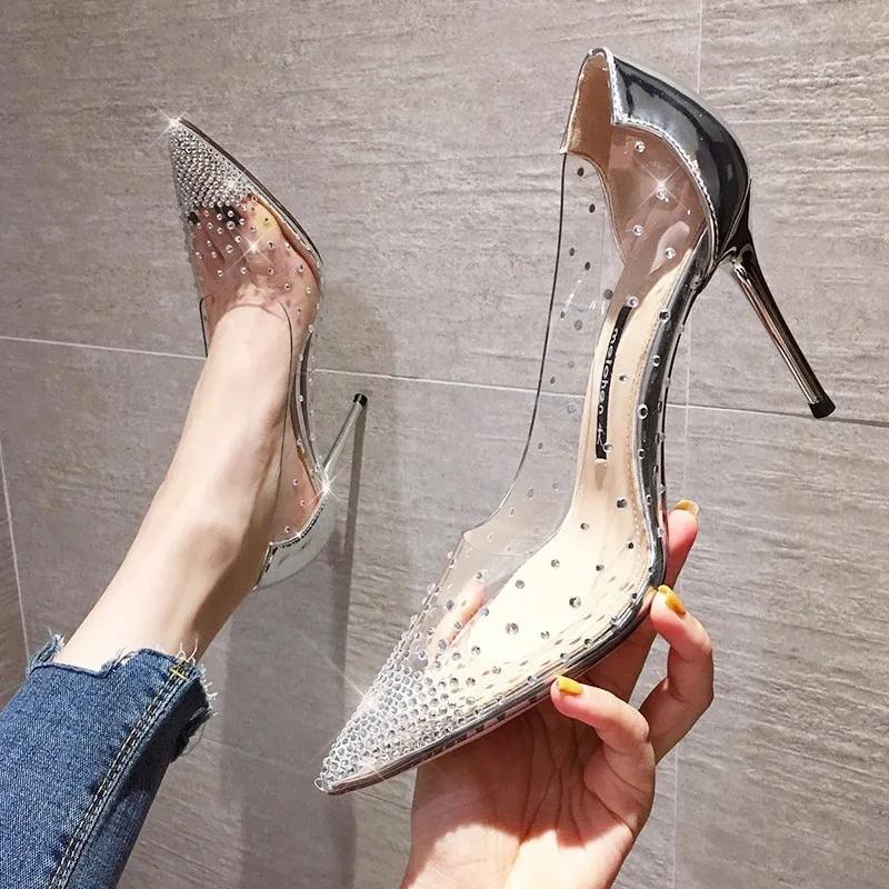 Fashion Wedding Shoes Women High Heels Luxury Rhinestone Women's Pumps Pointed Toe Thin Heels Women Shoes Transparent Crysta Dress Shoes