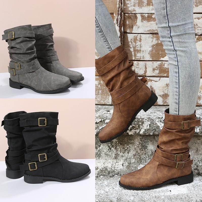 Vintage europäische und amerikanische Martin-Stiefel: Lederstiefeletten mit Retro-Schnalle und mittlerer Schafthöhe für Damen, große Größen erhältlich.