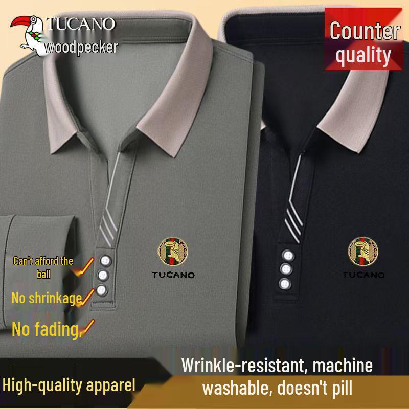 Woodpecker Men's Long-Sleeve Solid Color Polo Shirt with V-Turn Collar for Spring and Autumn.