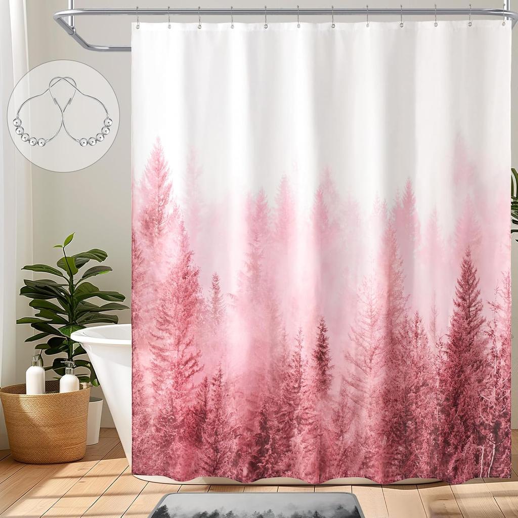 Green Shower Curtain for Bathroom Misty Forest Pattern, Nature Woodland Artistic Shower Curtain Set with Metal Hooks, Waterproof