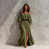 Spot European and American Autumn Women's Fashion and Elegance Vacation Style Woven Off-the-shoulder Long-sleeved Split-ended Dress