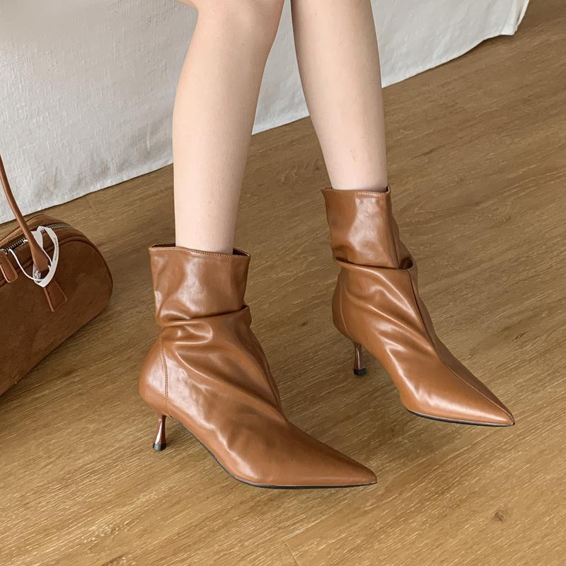 Fashion SUOJIALUN 2025 Winter New Brand Women Short Boots Fashion Pleated Pointed Toe Slip On Thin High Heel Ladies Elegant Chelsea Pump