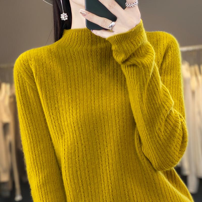 Damski sweter z półgolfem, kaszmir Qinghe, 30% kaszmiru, 70% wełny, zimowy sweter dzianinowy, jesienny sweter kaszmirowy