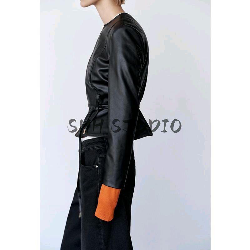 Women's Spring Clothing Fashion Style Short Skirt Hem Poly Urethane Leather Round Neck Long Sleeves Jacket Outwear 3046069