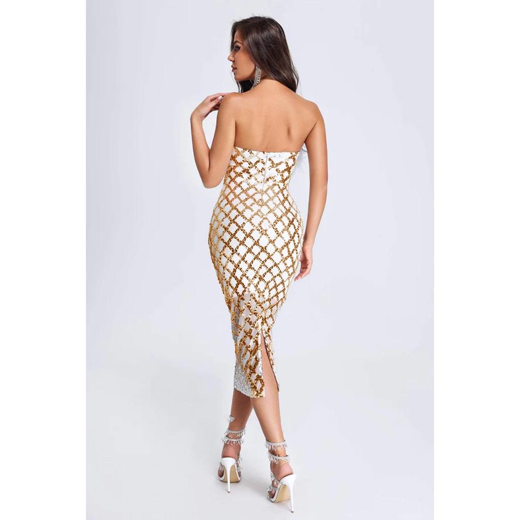 Europe America Fashion Women's Sexy Strapless Sequin Feather Bandage Dress