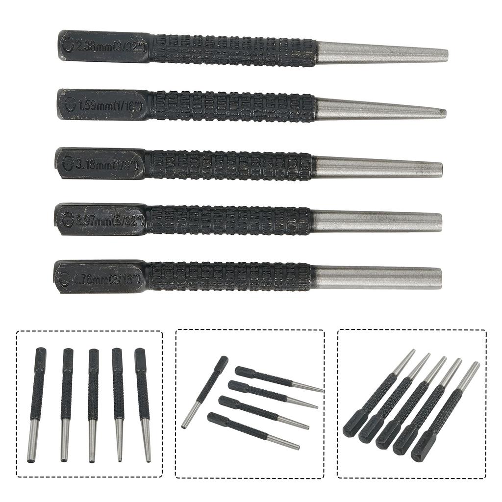 5 Piece Nail Punch Set with Knurled Body for Precise Punching of Wood Metal and Plastic Materials Length 100mm
