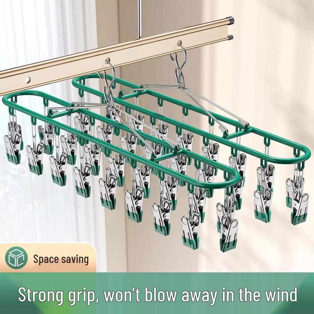 Multi-Functional Stainless Steel 18-Clip Sock Drying Rack with Windproof Hook for Balcony Use