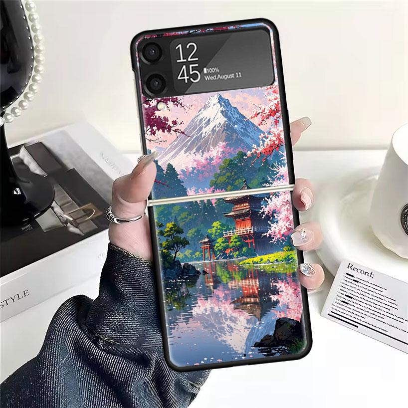 Japanese Cherry Mount Fuji Cases For Samsung Galaxy Z Flip 4 5 6 7 3 Z Flip7 Flip6 Flip4 Flip5 Flip3 5G Hard Shockproof Fundas C
