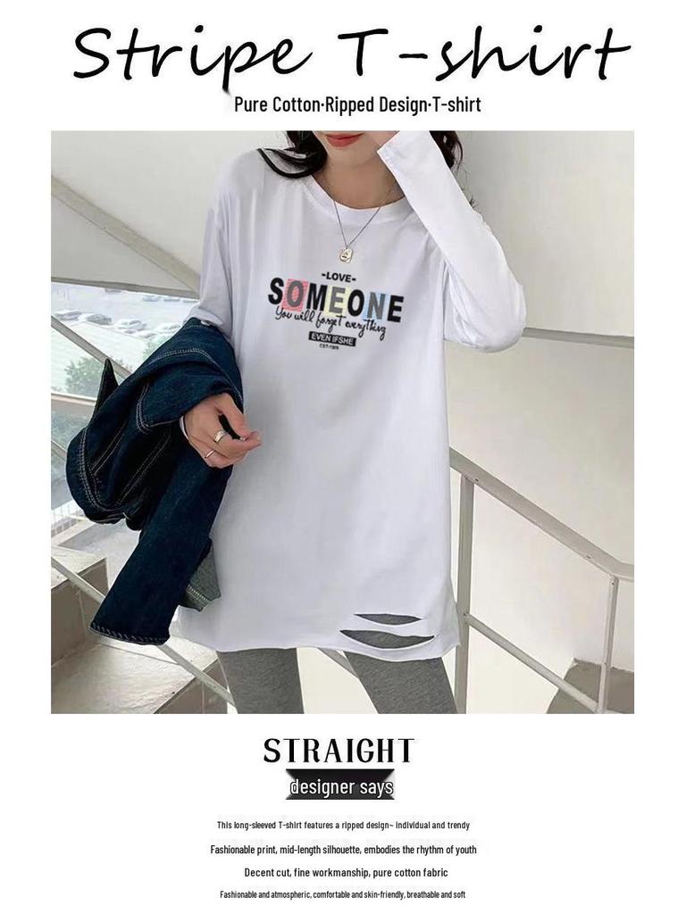 Damen Übergröße Baumwoll-T-Shirt mit Rissen und langen Ärmeln – Mittellang, Vielseitig, Weiß, Frühlings- und Herbststil