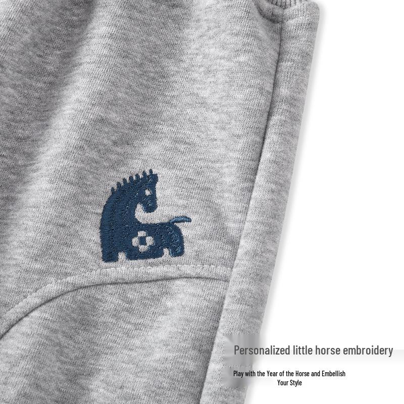 Boys' Fleece-Lined Velvet Sweatpants: Thin, Autumn/Winter Outdoor Wear, Year of the Horse Design.