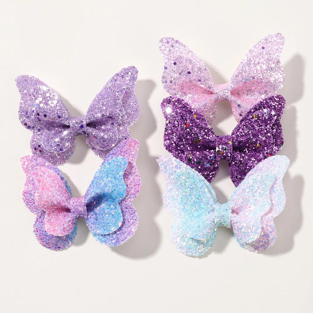 2/4/5Pcs Girls Cute Sequins Double Butterfly Hair Clip Bow Hairpins DIY Headwear Bow Decor Hairgrip Children Hair Accessories