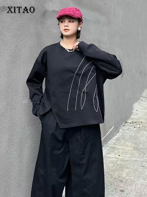 Line Pleated Slit Irregular Loose Long Sleeved T-shirt GJ1241