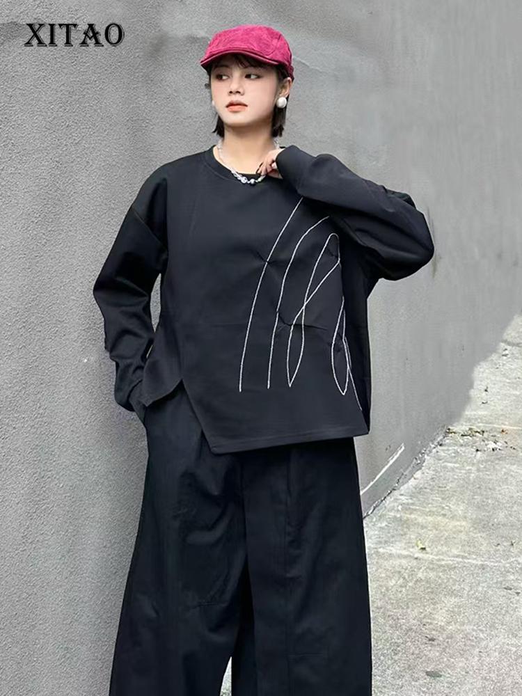 Xitao A-Linie Plissee Schlitz Unregelmäßig Locker Langärmeliges T-Shirt GJ1241