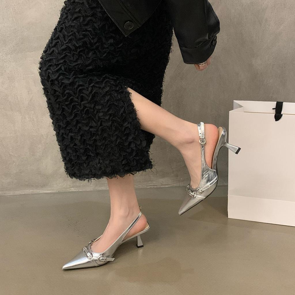 Temperament black patent leather pointed head bag head empty sandals women 2025 new spring and autumn stiletto high heels single shoes women