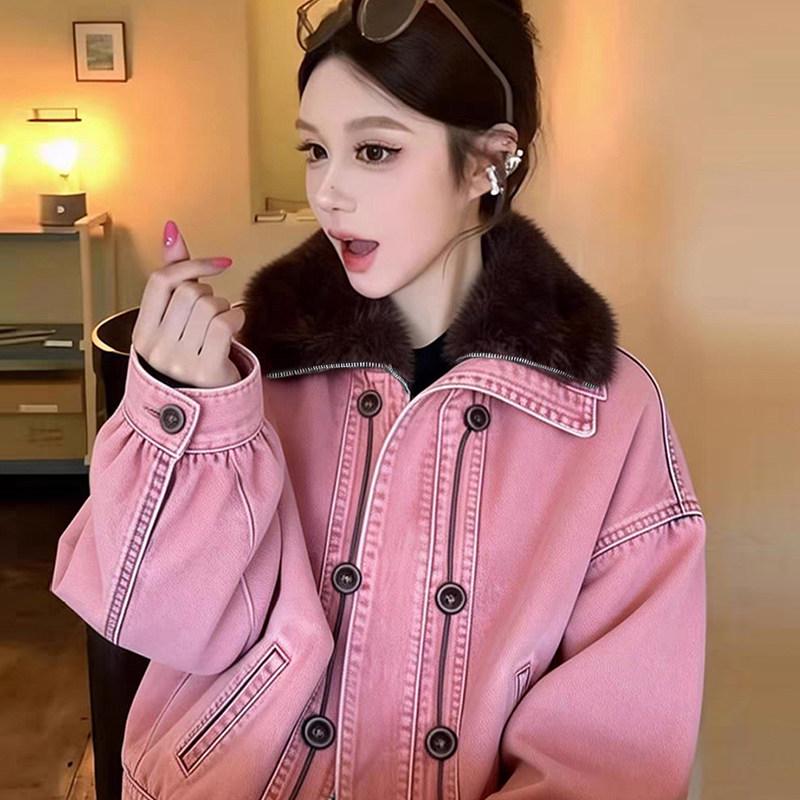 Women's American-Style Pink Denim Fur Collar Jacket - Short, Thick, and Beautiful Winter Coat.